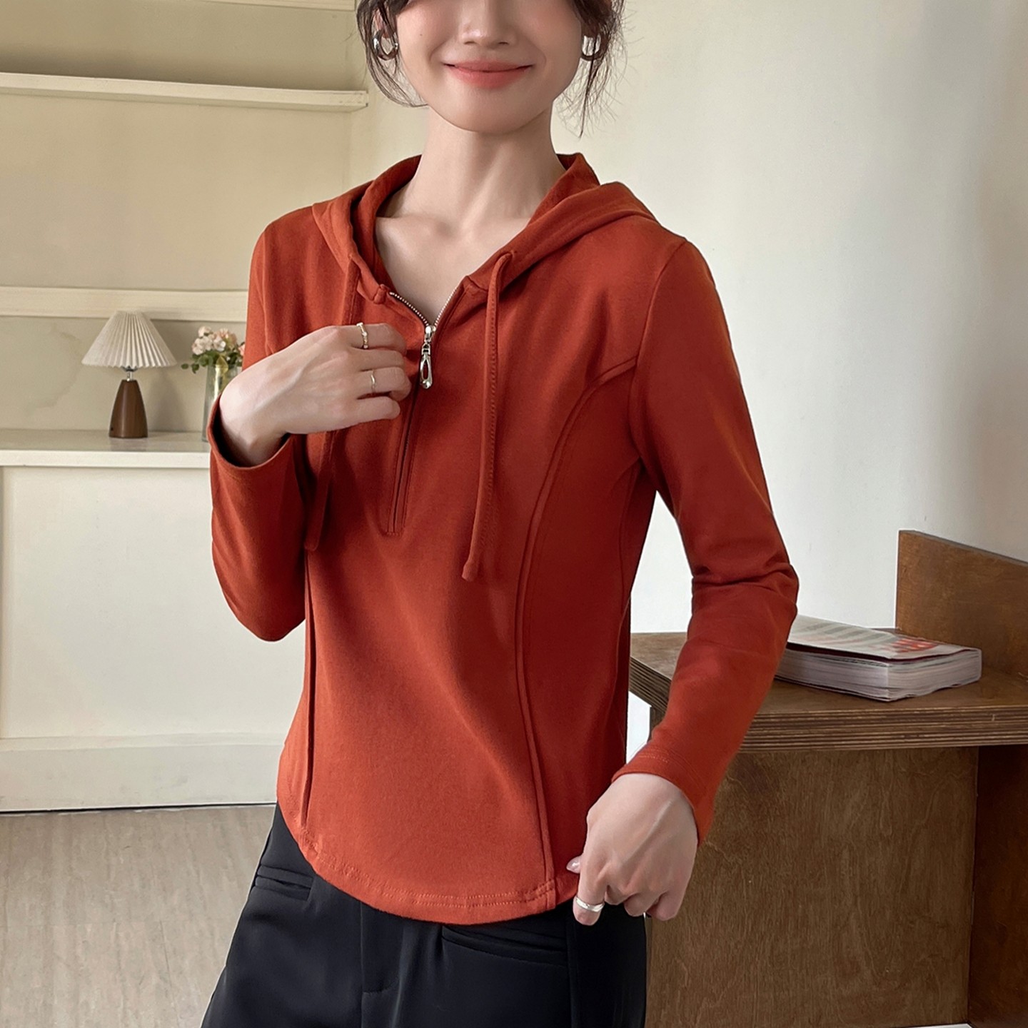 纯棉白色连帽长袖t恤女2025新款春秋冬磨毛加厚拉链卫衣打底帽衫