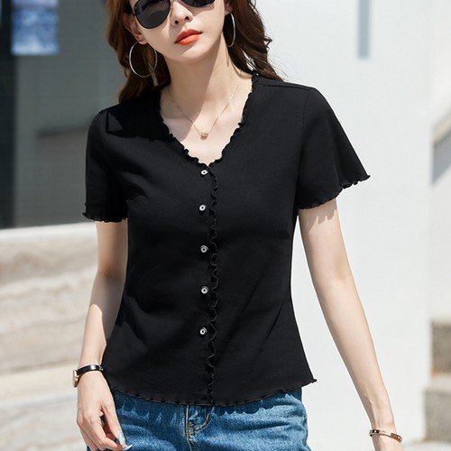 木耳边v领短袖t恤女夏2026新款正肩修身时尚漂亮小衫别致黑色上衣