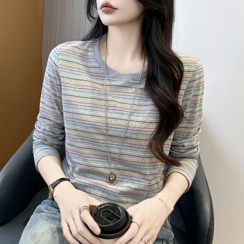 纯棉条纹长袖t恤女2026新款春秋打底衫内搭显瘦休闲宽松大码上衣