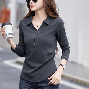 纯棉翻领polo衫长袖t恤女春秋新款宽松带领子打底衫气质休闲上衣