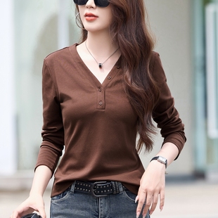 v领长袖t恤女外穿2026新款高级感正肩宽松黑色打底衫内搭春秋上衣