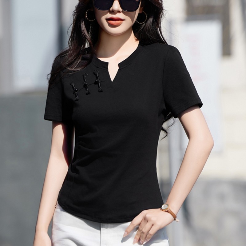 v领短袖t恤女夏季新款小个子短款上衣衫国风新中式盘扣设计感别致