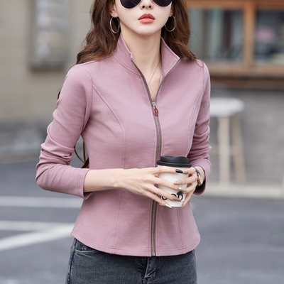 纯棉立领长袖t恤女早春秋新款打底衫开衫小外套拉链休闲卫衣上衣