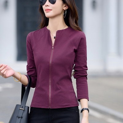 拉链开衫纯棉长袖t恤女2025新款春秋装秋衣外穿薄款外套洋气减龄