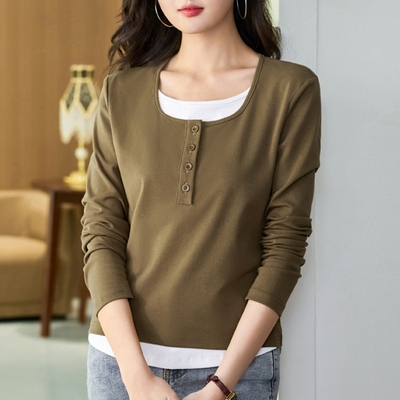 纯棉假两件长袖t恤女春秋新款打底衫女士百搭外穿秋衣洋气小衫