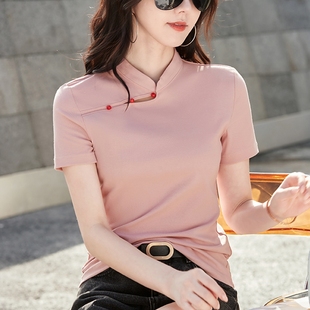 半袖 新中式 修身 t恤女夏季 改良旗袍上衣 国风立领正肩纯棉盘扣短袖
