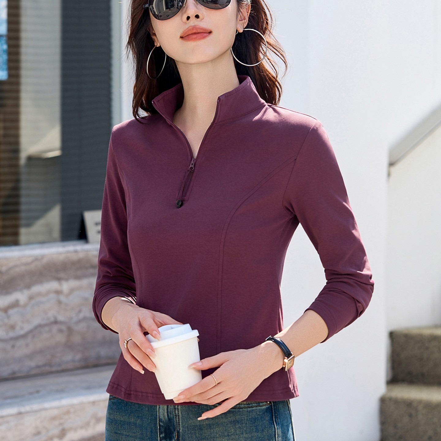 半拉链立领长袖t恤女新款春秋设计感打底衫内搭洋气外穿黑色上衣