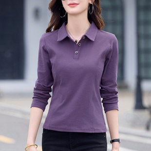 纯棉宽松翻领长袖t恤女早春秋新款休闲polo衫打底衫内搭洋气上衣