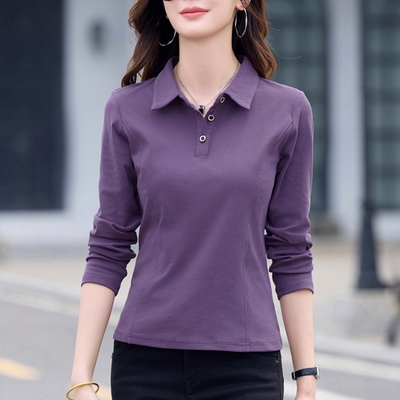 纯棉宽松翻领长袖t恤女早春秋新款休闲polo衫打底衫内搭洋气上衣