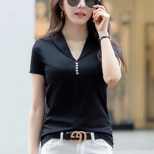 纯棉短袖t恤女2026年新款夏季V领有领打底衫黑色T桖半袖洋气上衣