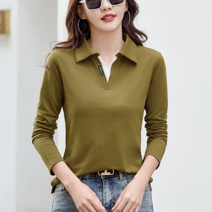 2026早秋新款女装纯棉翻领长袖t恤女宽松洋气小衫polo领打底上衣