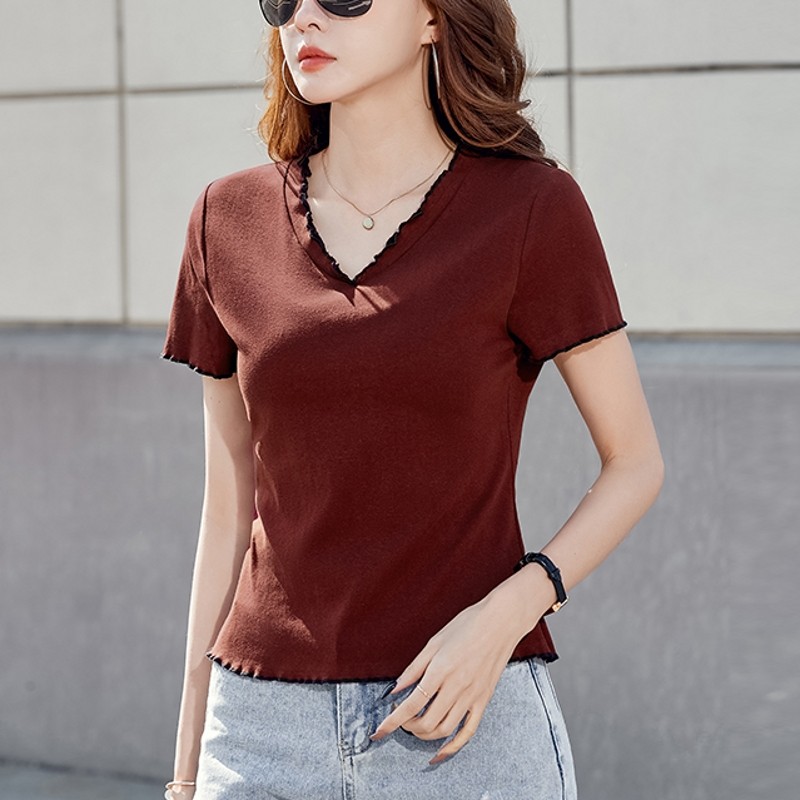 花边领短袖t恤女夏季新款修身显瘦半袖体恤v领黑色小个子短款上衣