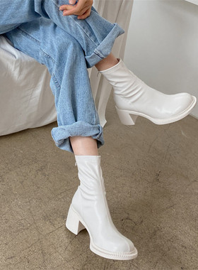 mona同款圆头白色短靴女粗跟马丁靴秋冬新款显瘦小踝靴弹力瘦瘦靴