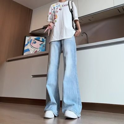 浅蓝色微喇叭牛仔裤男款直筒显瘦裤子美式复古vibe高街阔腿弯刀裤
