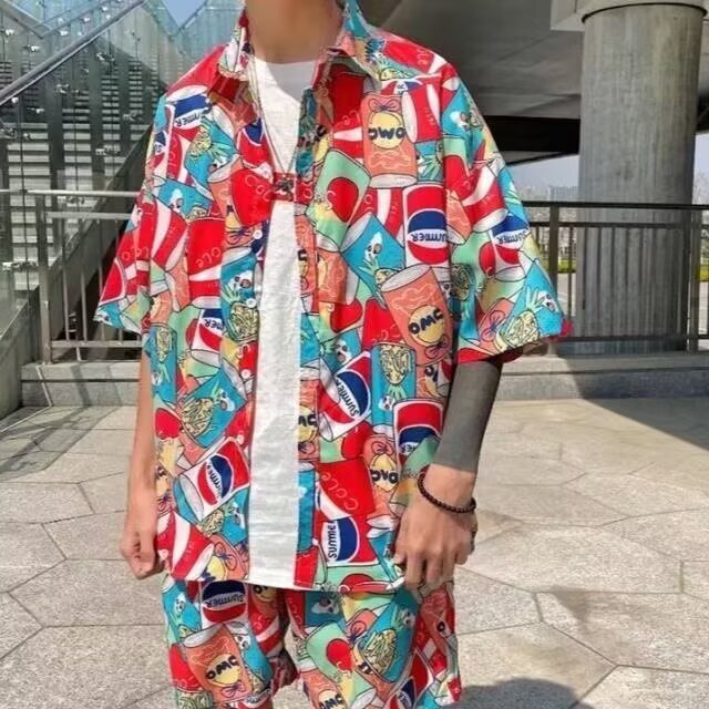 海边沙滩夏威夷短袖花衬衫套装男夏季潮牌衬衣沙滩服度假男装一套
