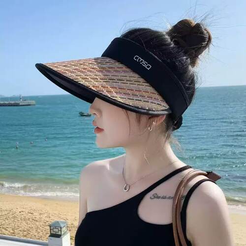 【爆米花专享】彩虹编织帽子女时尚空顶帽海边沙滩帽大帽