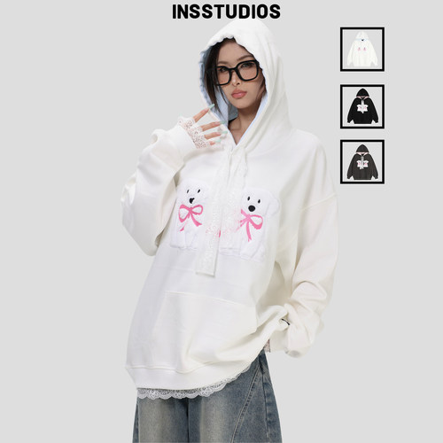 INSstudios拼接蕾丝小狗连帽卫衣