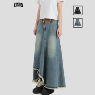 高腰蓝色牛仔半身裙 不规则裙摆中长款 INSstudios 国潮牌情侣美式