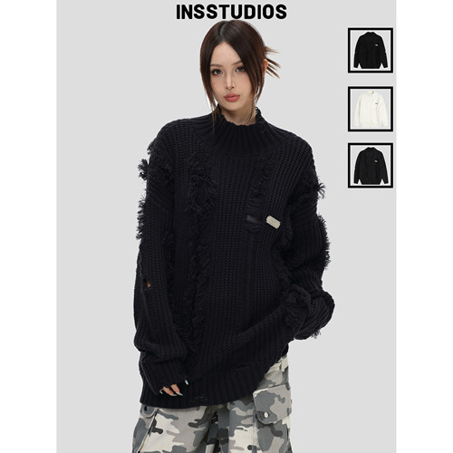 INSstudios「破洞流苏高领毛衣」