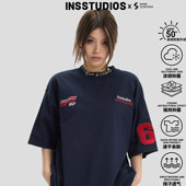 宽松冰皮凉感T恤 复古赛车LOGO刺绣短袖 INSstudios 国潮牌情侣美式