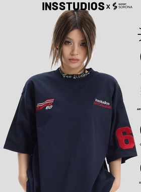 INSstudios 国潮牌情侣美式复古赛车LOGO刺绣短袖宽松冰皮凉感T恤