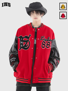 INSstudios 复古植绒刺绣LOGO棒球服休闲夹克外套 国潮牌情侣美式