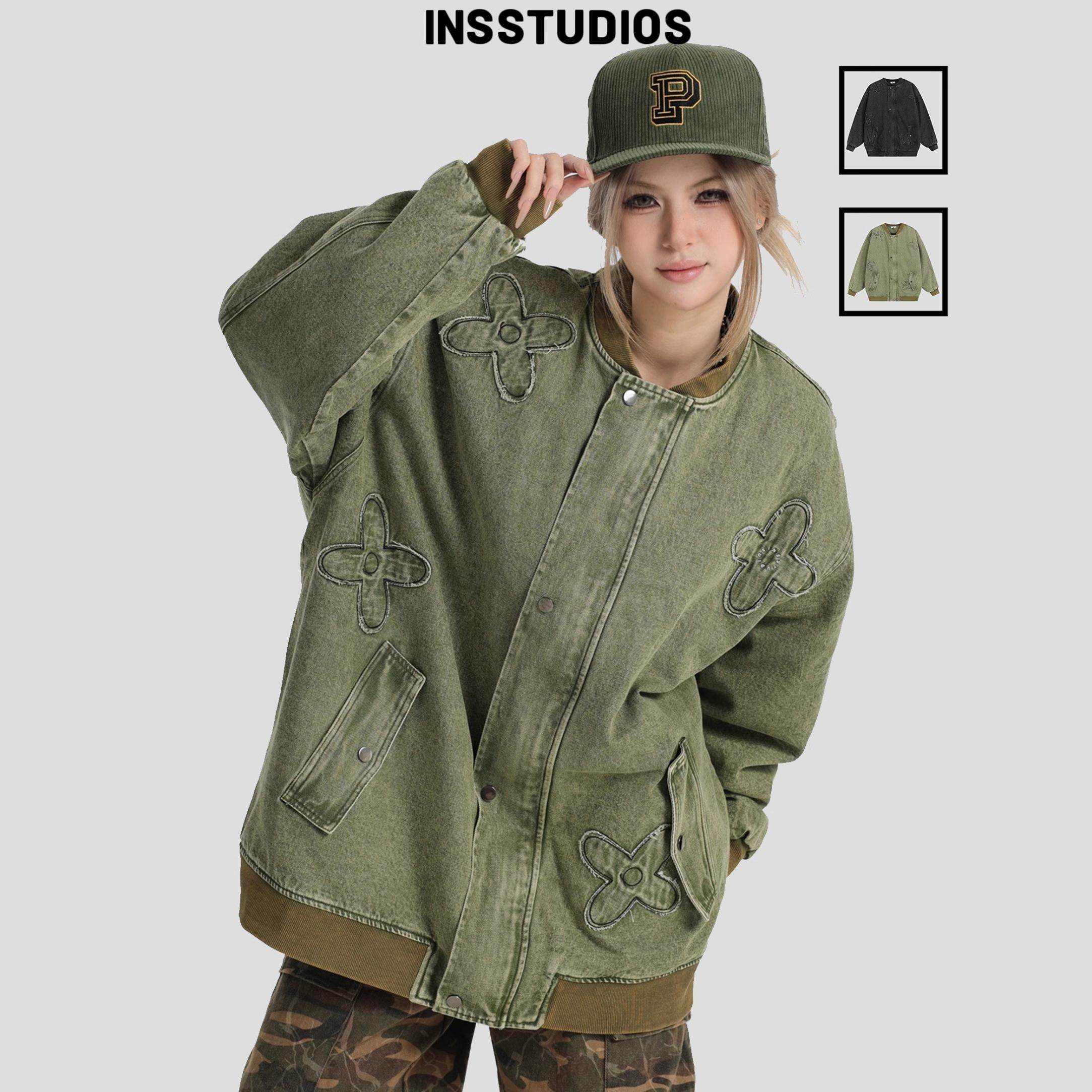 INSstudios 国潮牌情侣美式贴布刺绣水洗牛仔棉衣宽松夹棉外套男