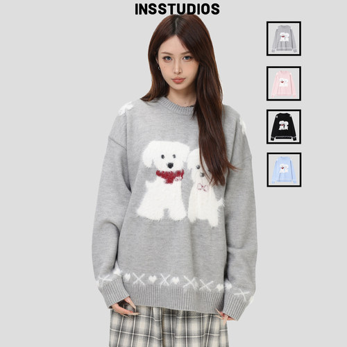INSstudios毛绒小狗提花套头毛衣