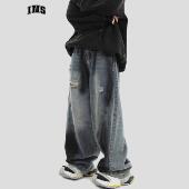 INSstudios 子男 宽松阔腿长裤 国潮牌情侣美式 泼墨水洗破洞牛仔裤