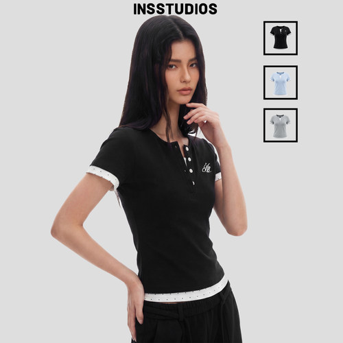 INSstudios波点假两件亨利领短袖
