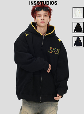 INSstudios 国潮美式「贝壳刺绣LOGO连帽卫衣」宽松加绒开衫外套