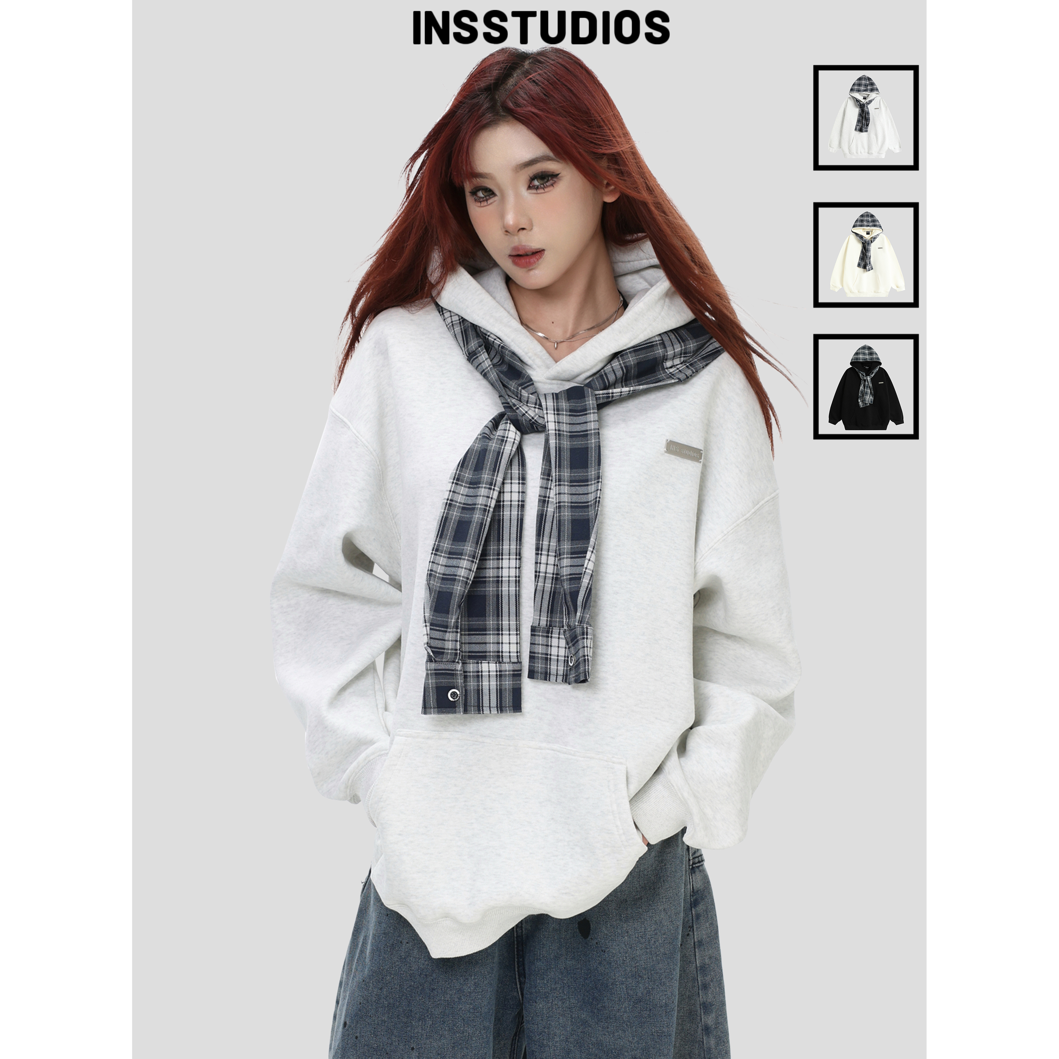INSstudios格子拼接绑带连帽卫衣