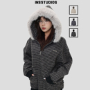 INSstudios 国潮美式「绒感条纹毛领连帽卫衣」宽松加绒开衫外套