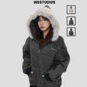 「绒感条纹毛领连帽卫衣」宽松加绒开衫 INSstudios 国潮美式 外套