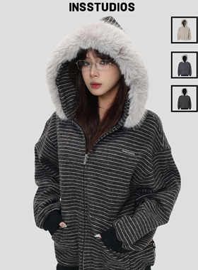 INSstudios 国潮美式「绒感条纹毛领连帽卫衣」宽松加绒开衫外套