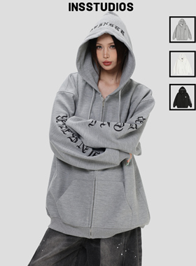 INSstudios 国潮牌情侣美式「华夫格连帽开衫卫衣」宽松拉链外套