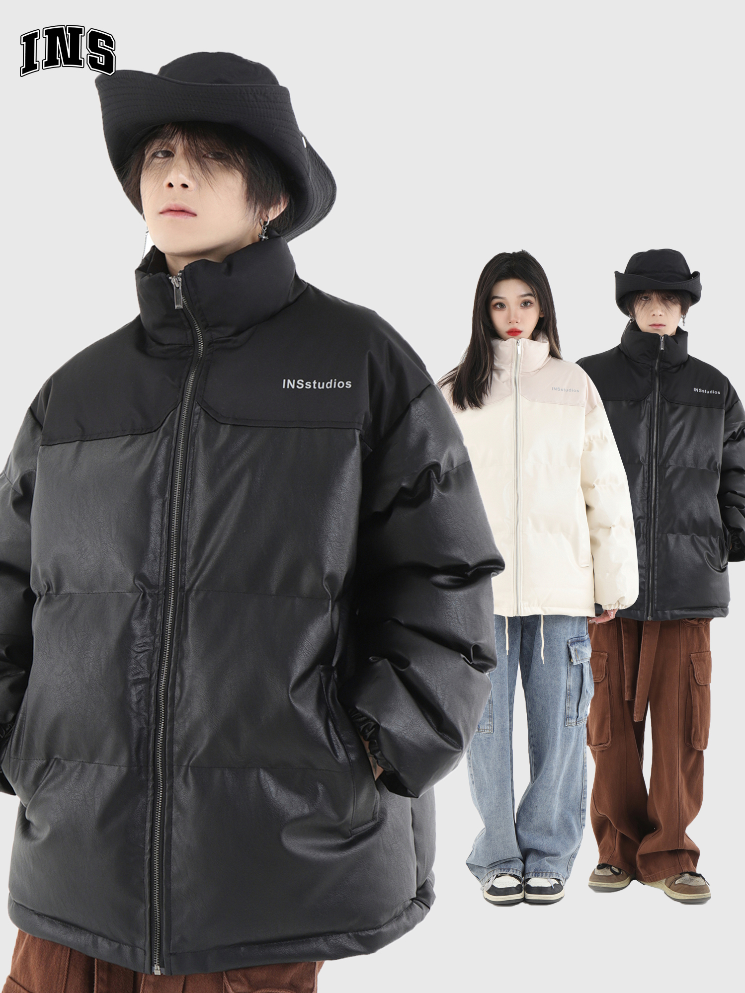 INSstudios美式拼色棉服皮外套