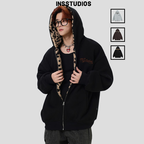 INSstudios豹纹羊羔绒连帽卫衣