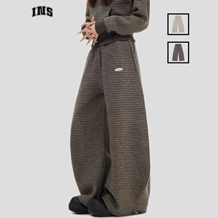 长裤 INSstudios 宽松直筒阔腿卫裤 复古绒感条纹休闲裤 子 国潮美式