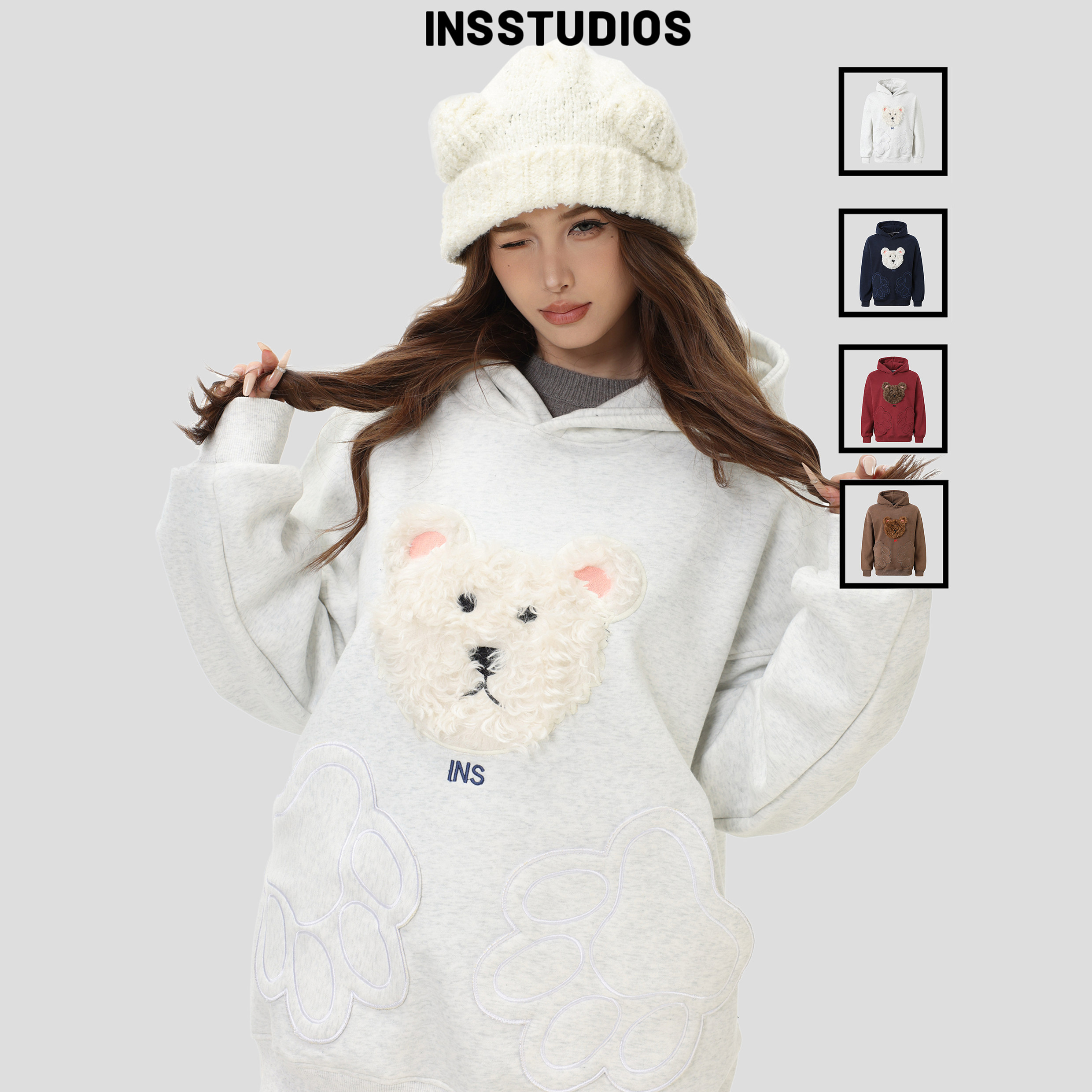 INSstudios 国潮美式「熊爪大口袋贴布绣连帽卫衣」宽松加绒帽衫,男装,卫衣,淘宝优惠券,粉丝福利购,淘宝优惠卷