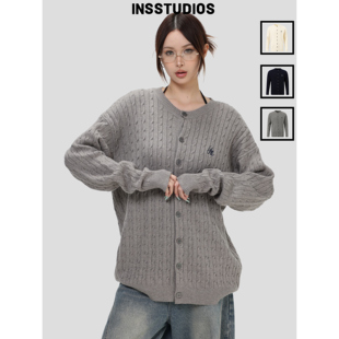 INSstudios 国潮情侣美式「麻花纹理感开衫毛衣」宽松针织衫外套