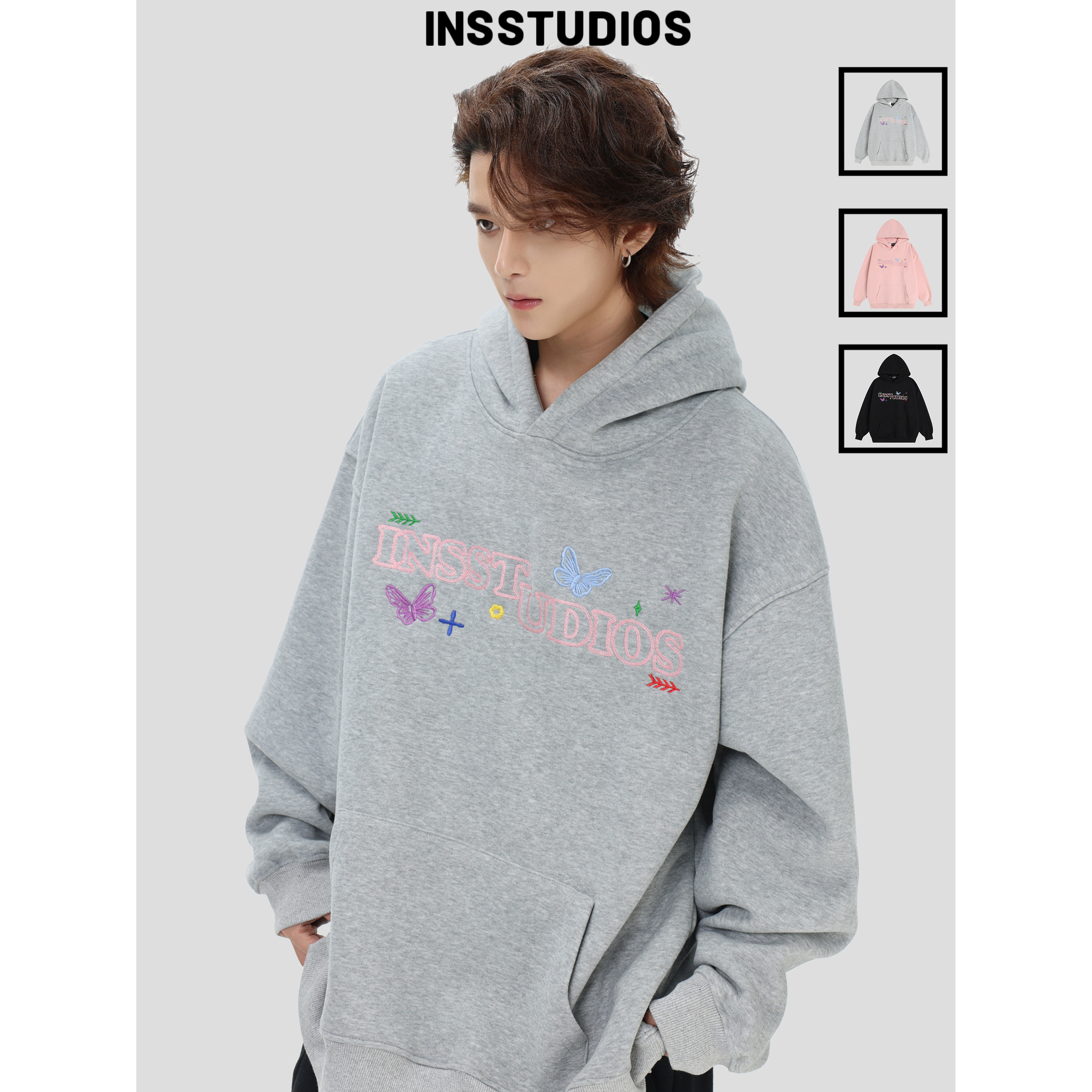 INSstudios手绘蝴蝶刺绣连帽卫衣