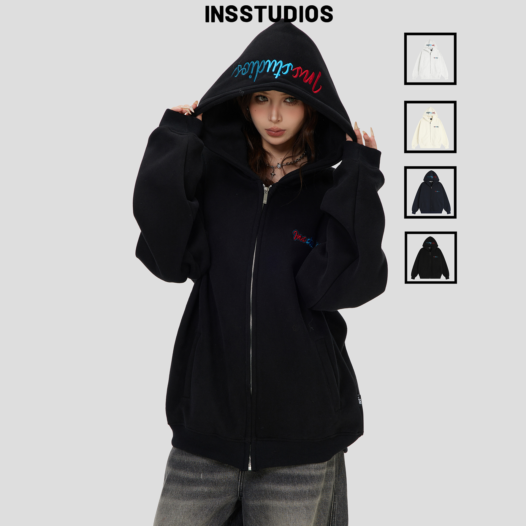 INSstudios彩色刺绣LOGO连帽卫衣