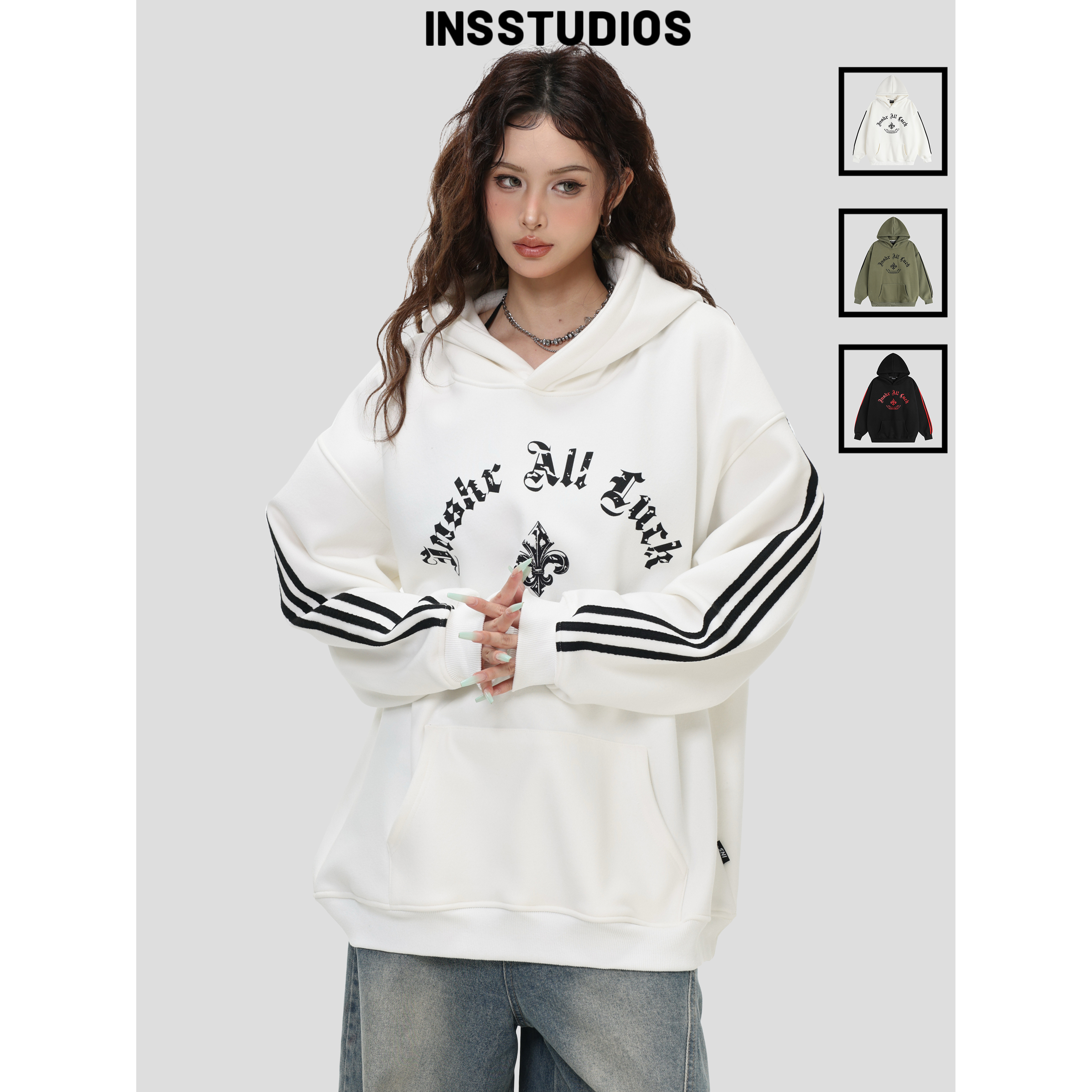 INSstudios条纹织带梵文连帽卫衣