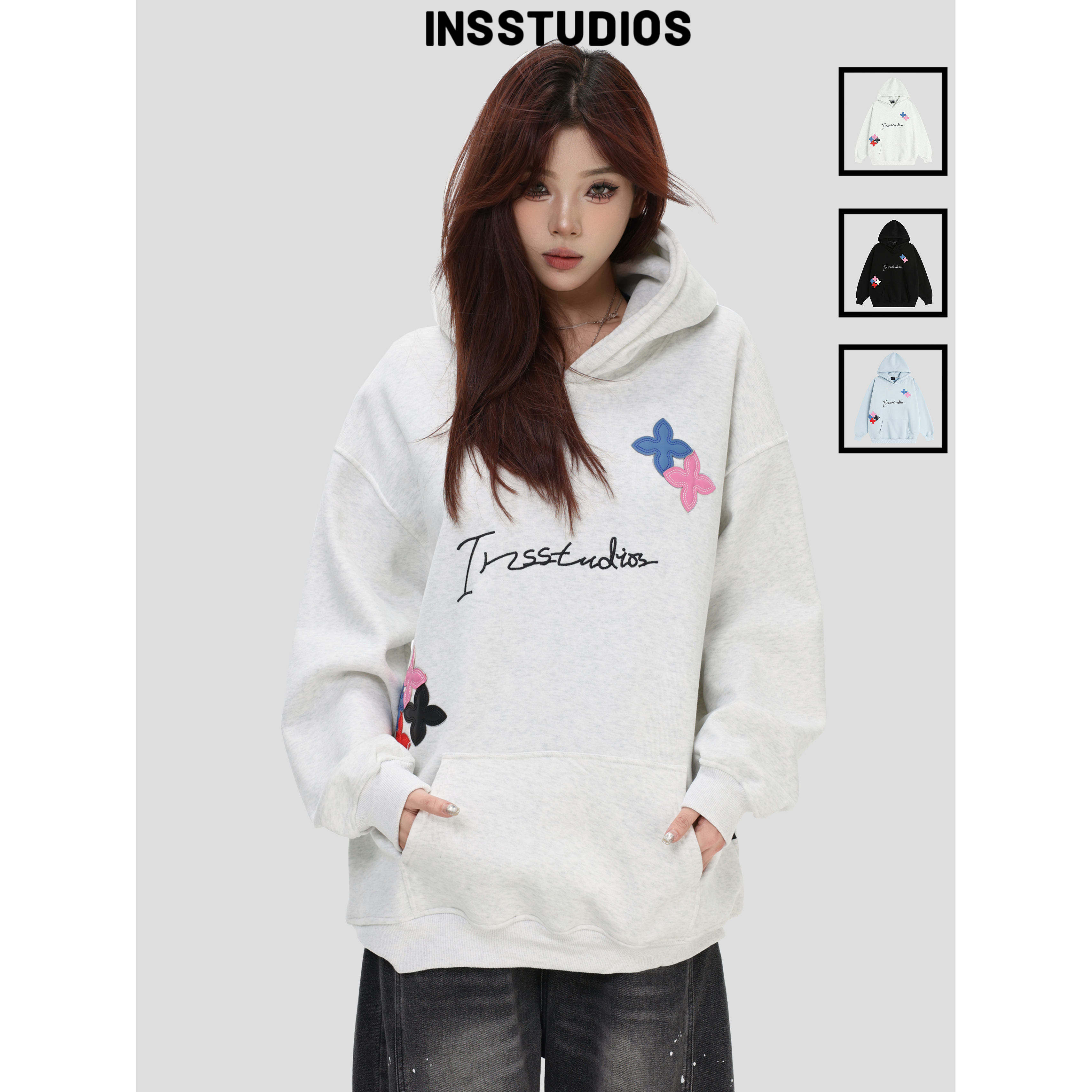 INSstudios贴皮刺绣加绒连帽卫衣