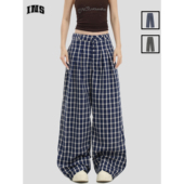 赵露思同款 INSstudios 宽松拖地裤 复古排扣格子休闲裤 国潮牌美式