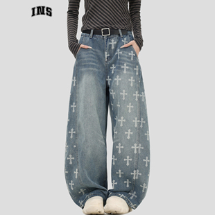 INSstudios 国潮牌美式复古十字架印花牛仔裤宽松阔腿弯刀长裤子
