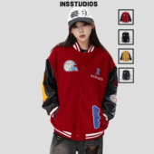 INSstudios 国潮情侣复古「毛巾绣新年红色棒球服」春季 夹克外套