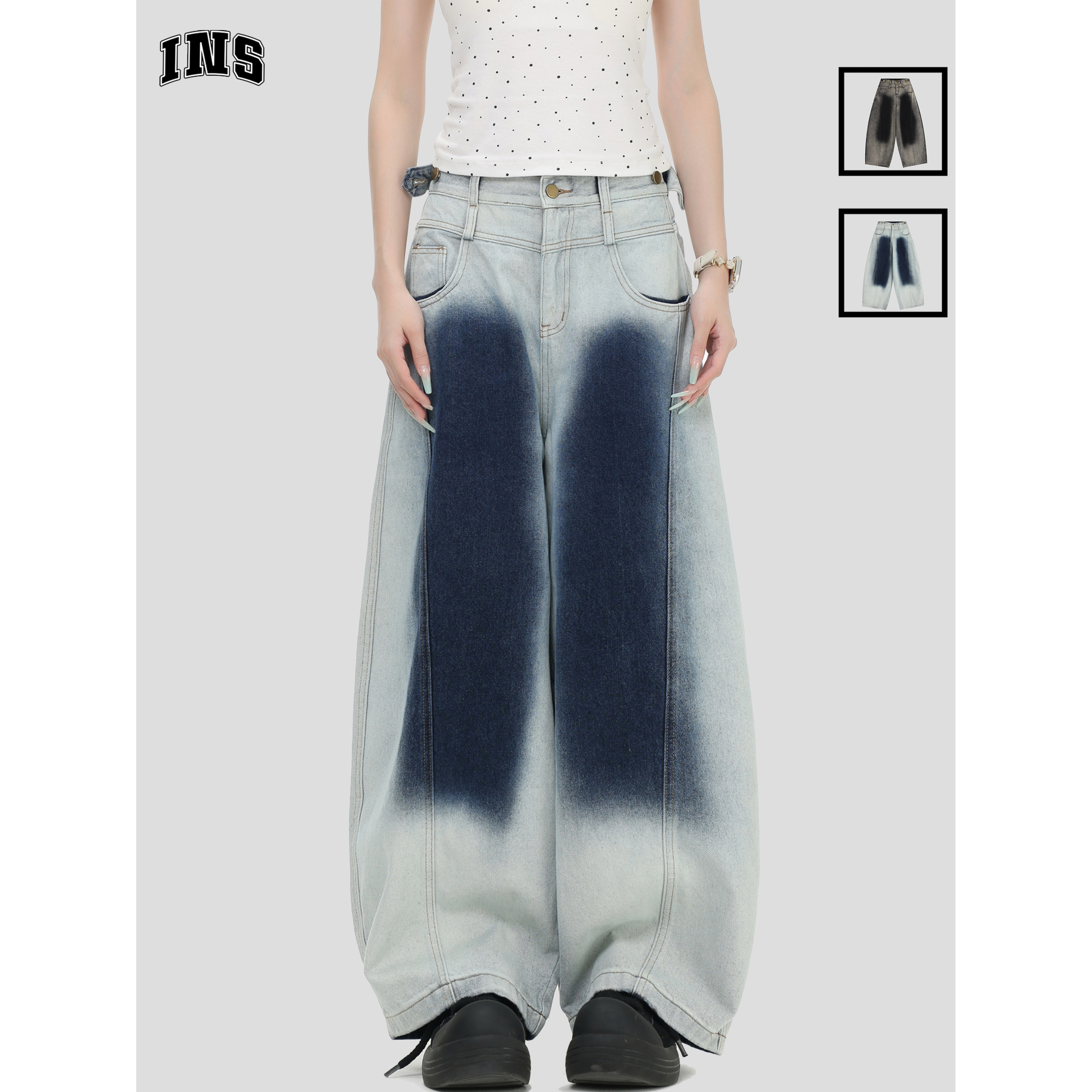 INSstudios晕染渐变弯刀牛仔裤