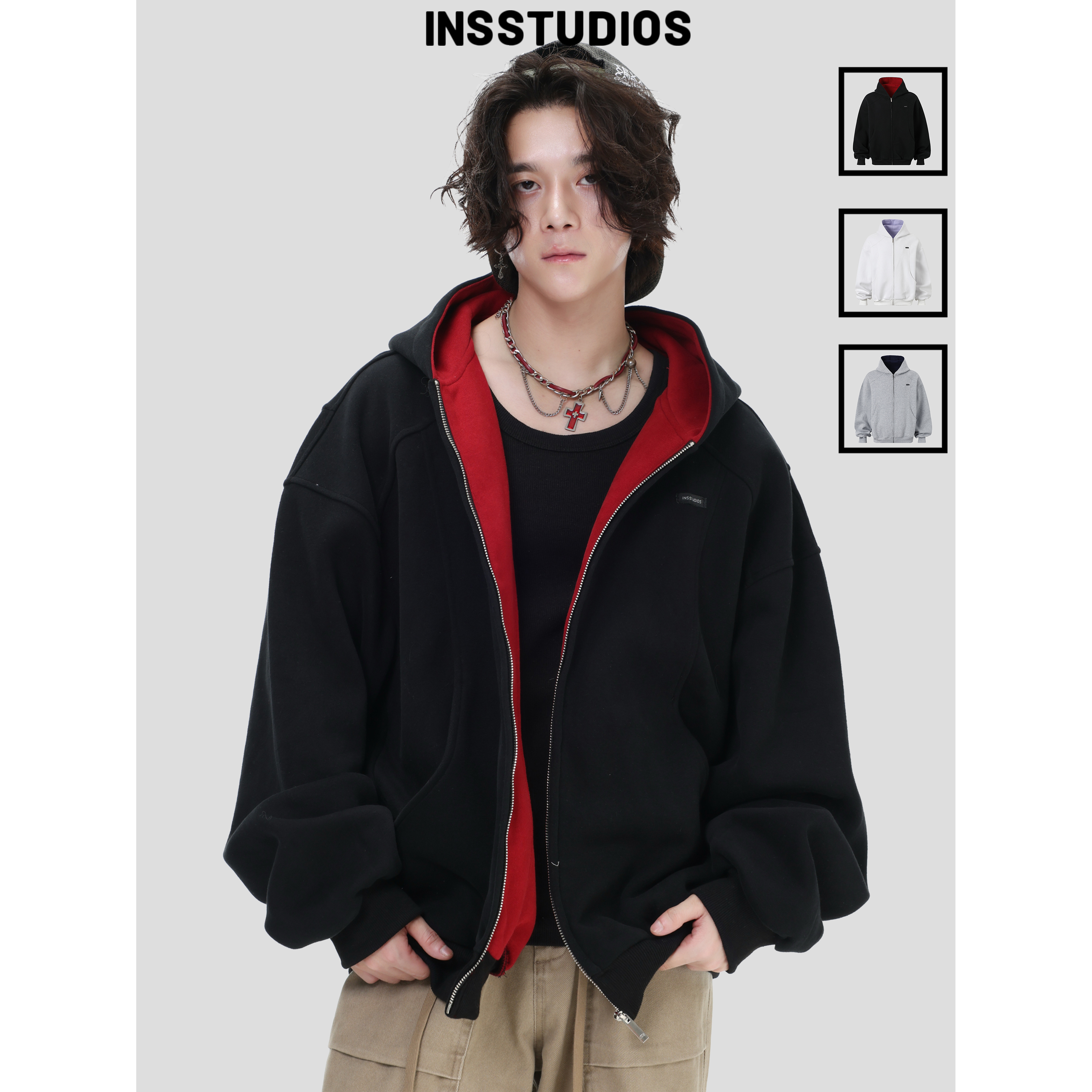 INSstudios「黑红撞色拼接卫衣」